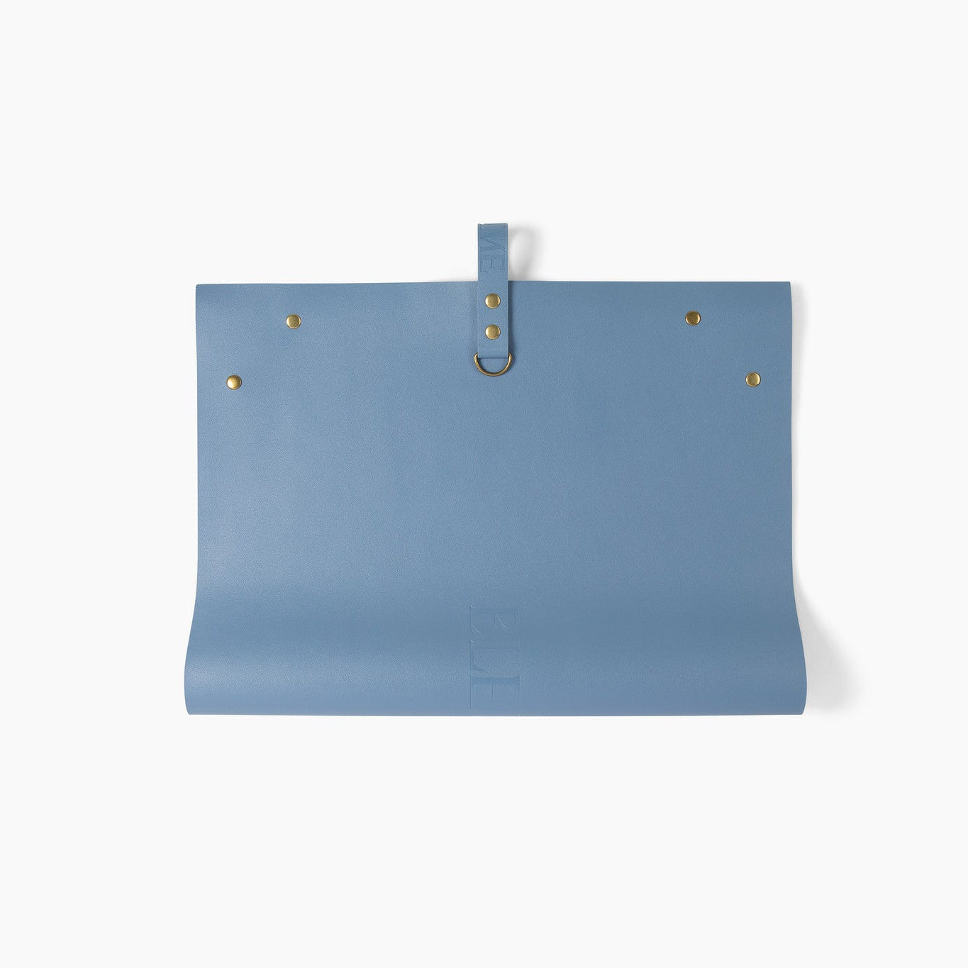 Blue leather potting mat folded in half on white background